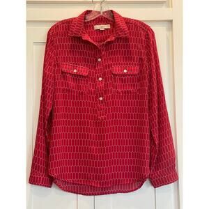 Ann Taylor LOFT Red geo print henley top blouse S